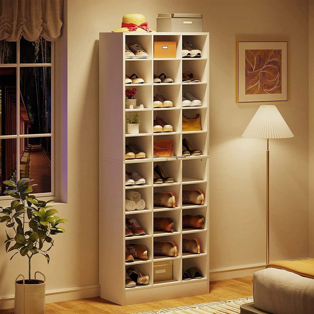 Meuble à chaussures haut 30 paires, étagère de rangement à chaussures en bois blanc 10 niveaux pour placard, entrée - 10 niveaux