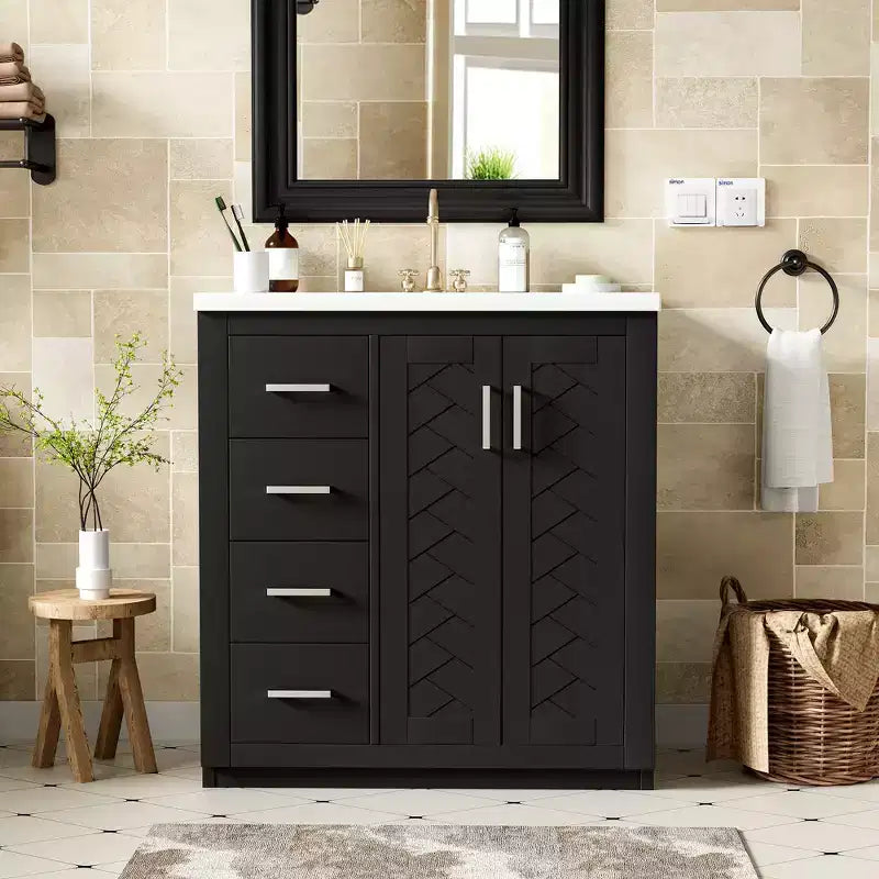 Meuble-lavabo de salle de bain 30 po avec armoire et 3 tiroirs – Noir / Bleu / Vert / Indigo / Blanc