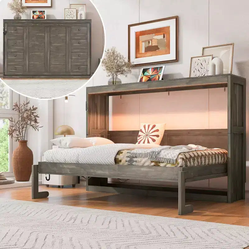 Lit escamotable double avec éclairage LED, peut être plié en armoire, armoire-lit murale dissimulée pour chambre d'amis