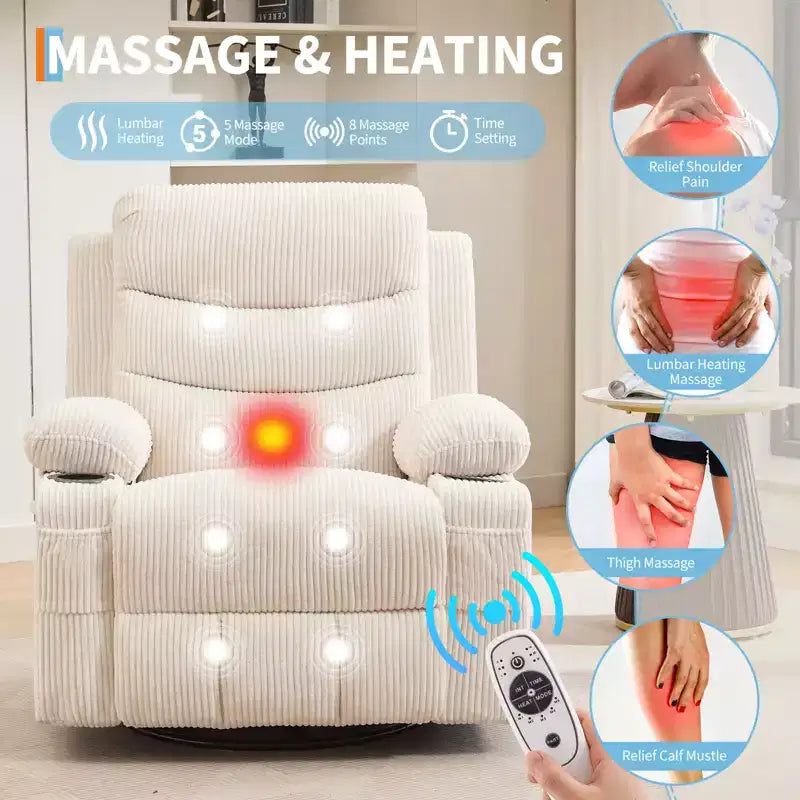 Fauteuil Inclinable Pivotant avec Massage et Chaleur, Fauteuil à Bascule 360° avec Porte-Gobelets et Poches Latérales, Canapé Ergonomique pour Salon, Camping-car, Chambre de Bébé