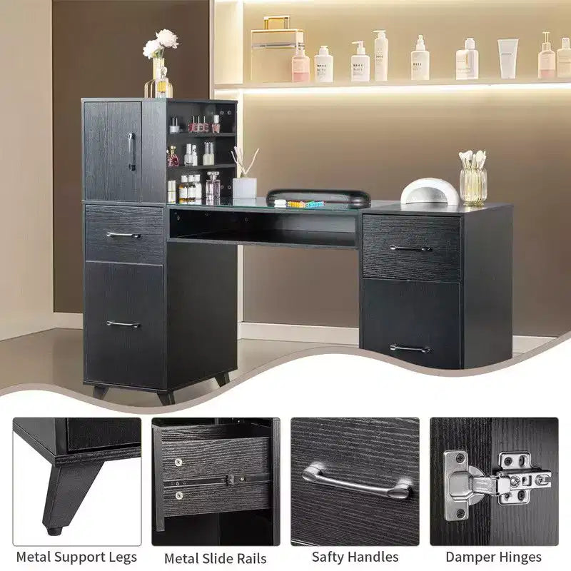 Bureau de manucure moderne noir/rose avec plateau en verre et repose-poignet, poste unique