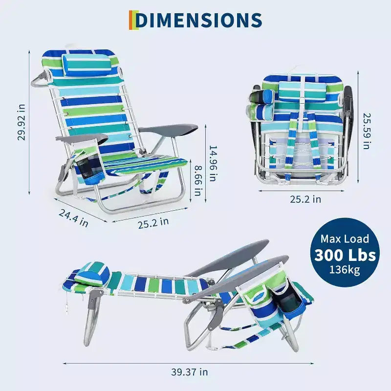 Acekool Lot de 2 chaises de plage légères pliables à 5 positions pour adultes avec sangles, porte-gobelet et barre à serviettes, supporte 136 kg