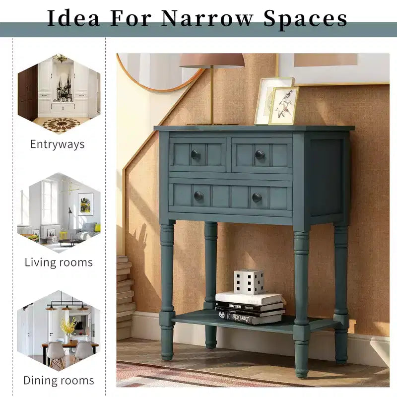 Console étroite de 60 cm avec 3 tiroirs et étagère, table d'appoint pour petite entrée ou salon