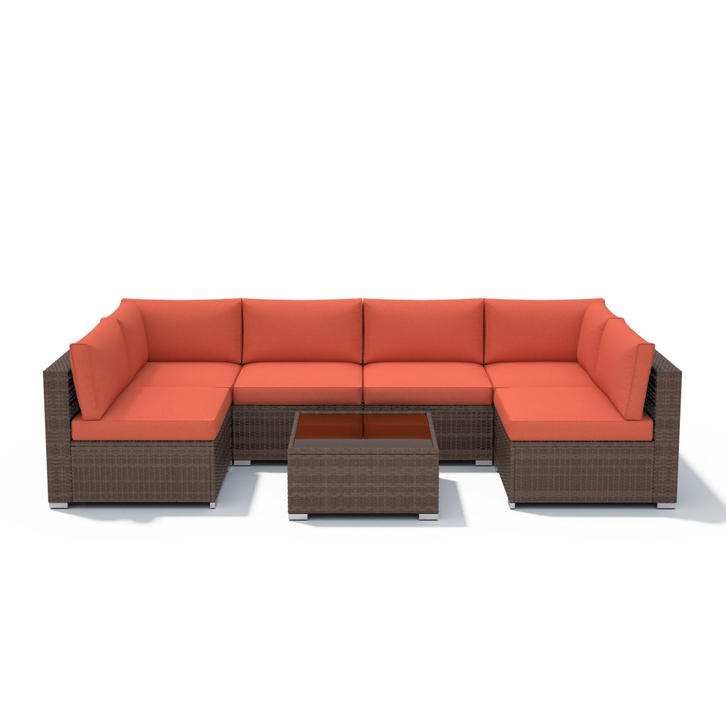 Ensemble de canapé d'angle d'extérieur 7 pièces en osier/acier avec coussins