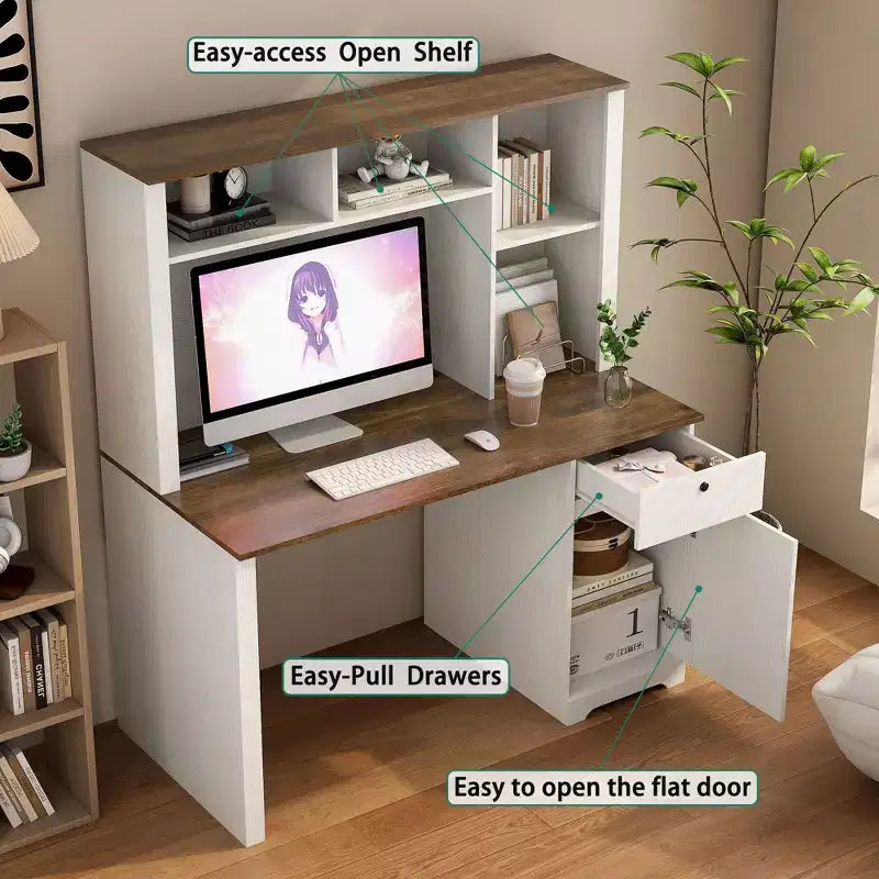 Bureau informatique moderne de 130 cm avec huche et étagère, bureau avec grand rangement, bureau d'écriture pour l'étude, salle de lecture