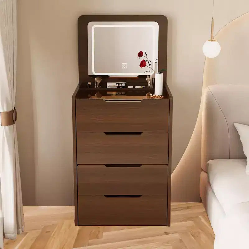 Coiffeuse 3-en-1 Okak avec miroir rabattable, coiffeuse compacte avec plateau en verre visible et tabouret rembourré, coiffeuse pour chambre à coucher