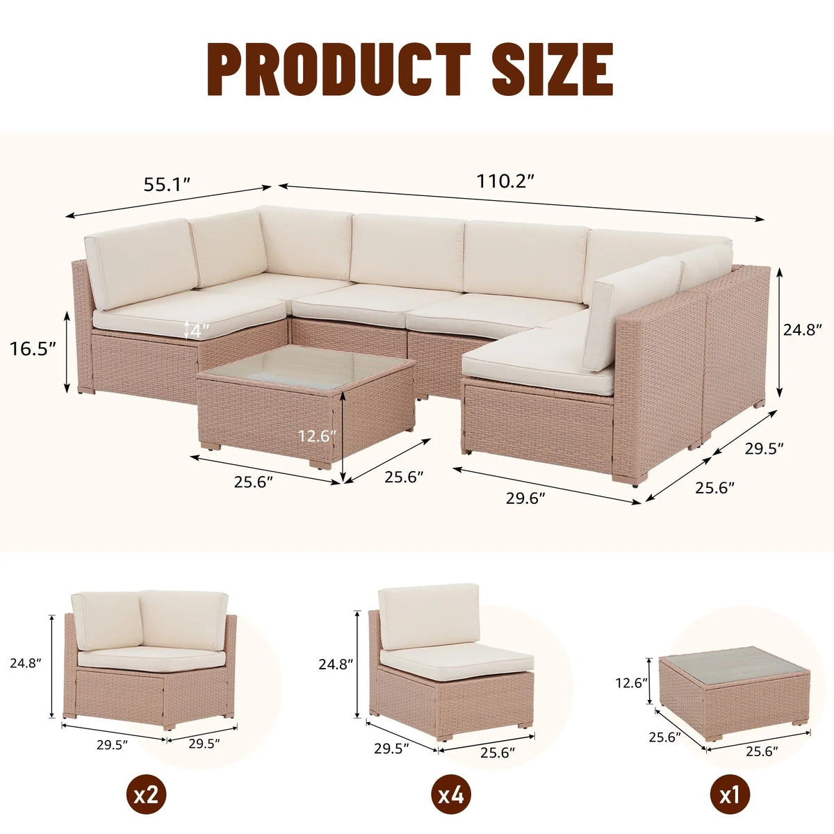 Ensemble de canapé d'angle d'extérieur 7 pièces en osier/acier avec coussins
