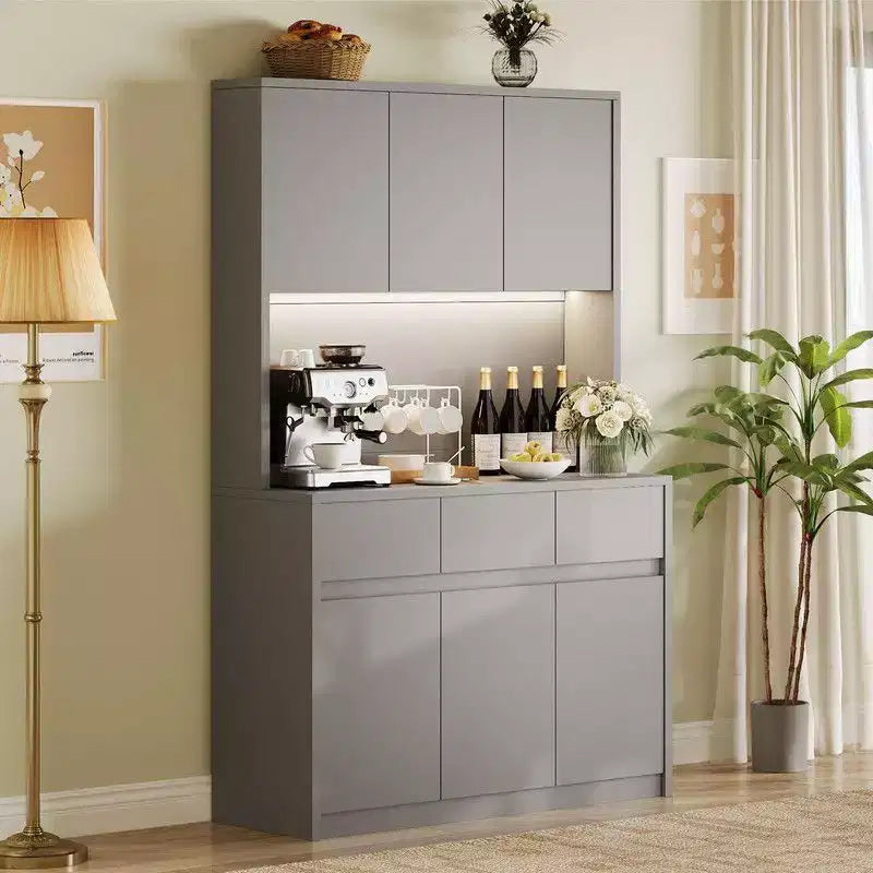 Armoire de cuisine de 71 pouces, vaisselier avec lumières LED et prises de courant, buffet avec support pour micro-ondes, étagères réglables