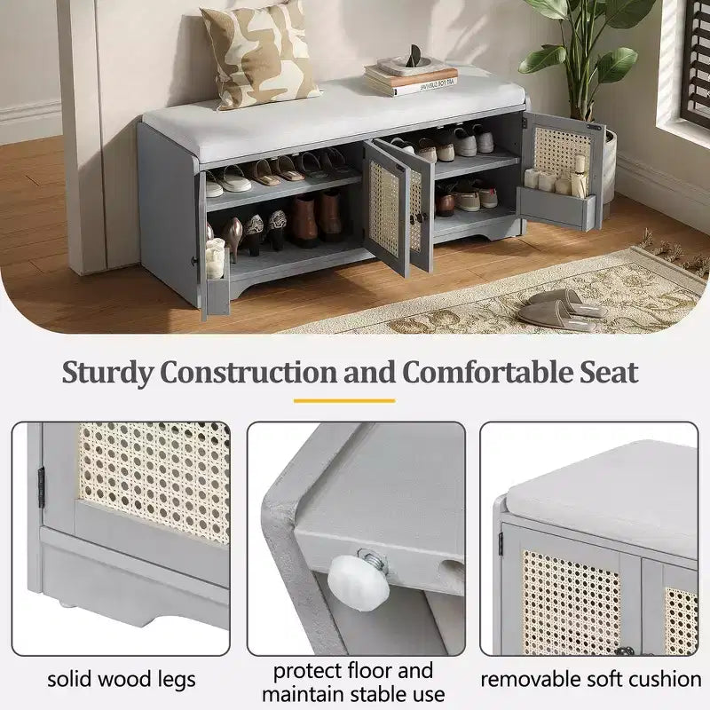 Banc de rangement rustique en bois Whisen, banc à chaussures d'entrée avec coussin amovible, étagères réglables