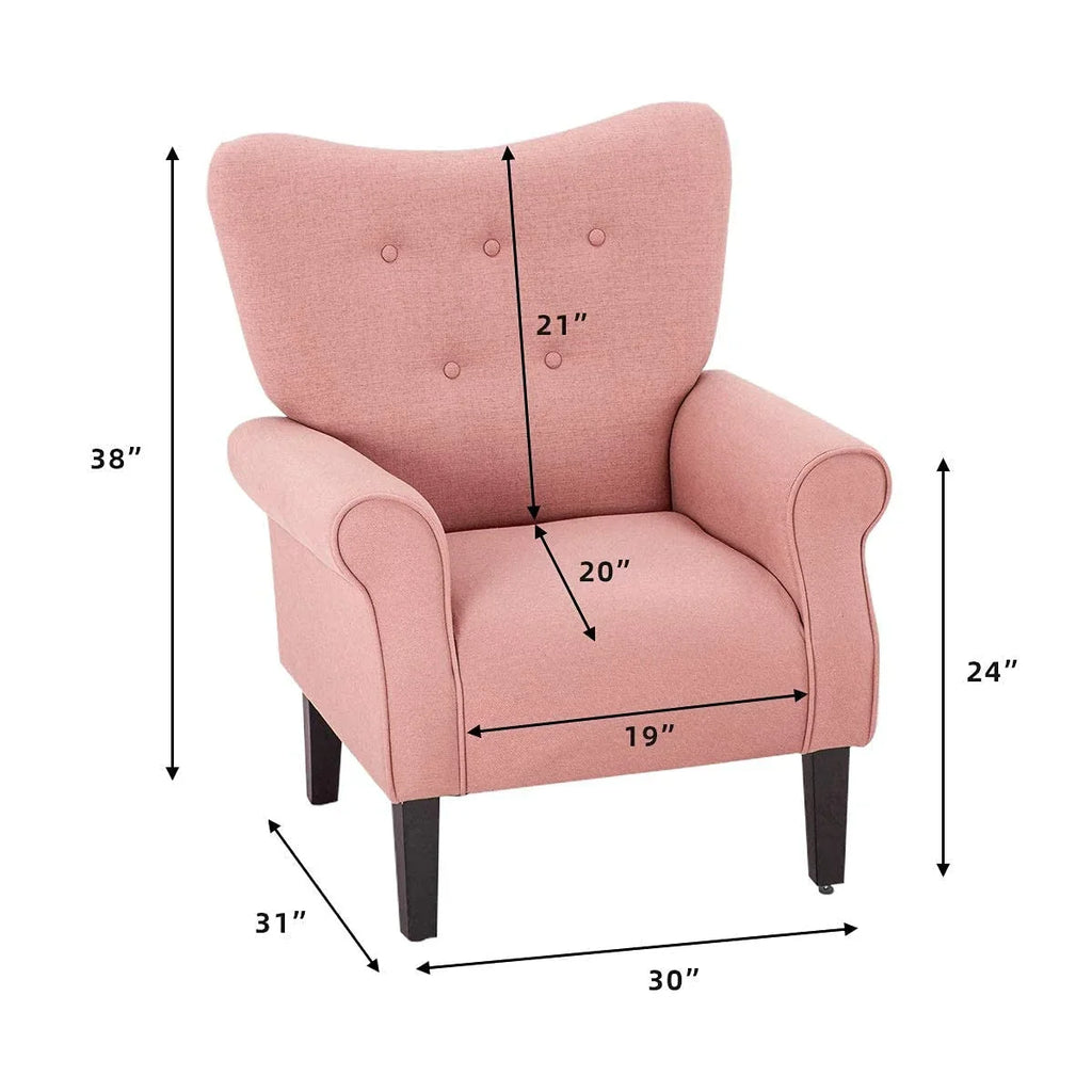 Fauteuil d'appoint moderne Erommy, fauteuil à dossier haut, canapé simple en tissu rembourré avec boutons et pieds en bois pour salon