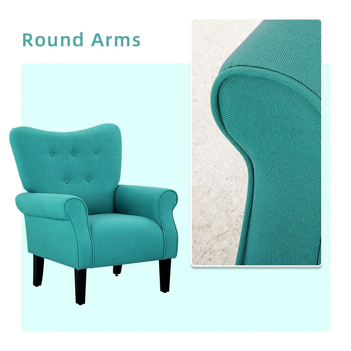 Fauteuil d'appoint moderne Erommy, fauteuil à dossier haut, canapé simple en tissu rembourré avec boutons et pieds en bois pour salon