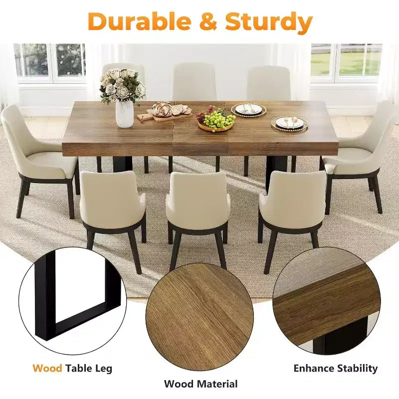 Zevemomo 63-78.7 Table de salle à manger extensible, Table de cuisine rectangulaire pour 6-10 personnes avec rail métallique, Pieds coniques en U pour salle à manger, bureau - Marron