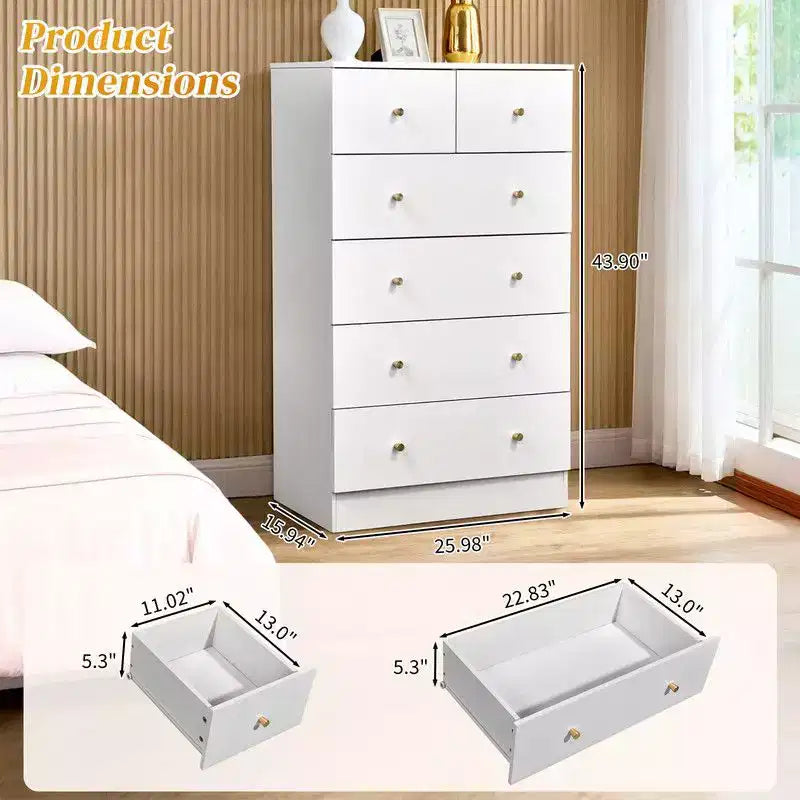 Grande commode à 6 tiroirs Karl Home pour chambre à coucher et commode à tiroirs avec construction robuste en bois, organisateur de rangement pour placard, en blanc