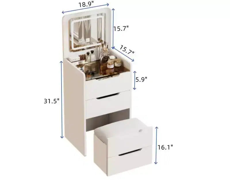 Coiffeuse 3-en-1 Okak avec miroir rabattable, coiffeuse compacte avec plateau en verre visible et tabouret rembourré, coiffeuse pour chambre à coucher