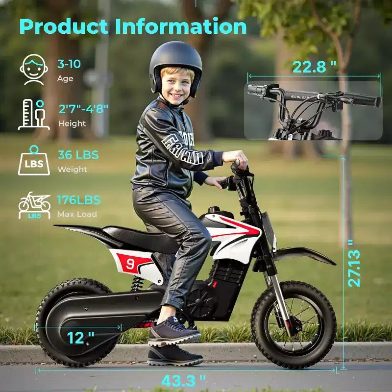 Moto tout-terrain électrique pour enfants ECOLEAP K1, 36V, rapide (25 km/h), autonomie de 22 km, moteur de pointe 700W, 3 modes de vitesse, pneus tout-terrain de 12 pouces, homologuée UL, pour les 3-10 ans.