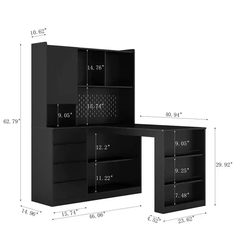 Bureau d'angle en L de 46 pouces avec bibliothèque et tiroirs