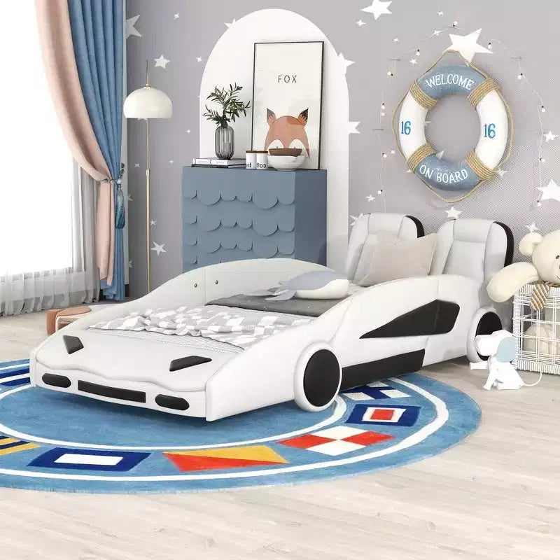 Lit plateforme Whisen Wood en forme de voiture de course, taille double, avec LED et dossier rembourré