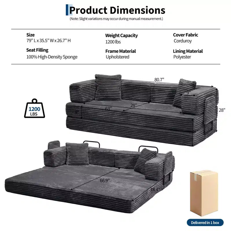 80,7 Canapé-lit convertible 5-en-1 – Corduroy, 1200 lbs, Aucun assemblage requis