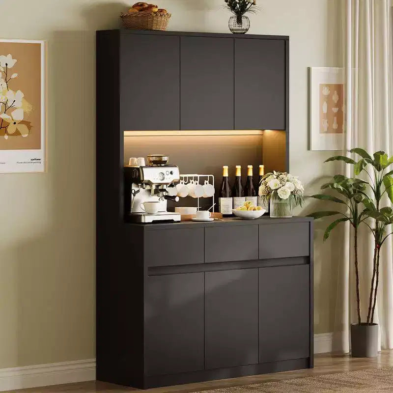 Armoire de cuisine de 71 pouces, vaisselier avec lumières LED et prises de courant, buffet avec support pour micro-ondes, étagères réglables