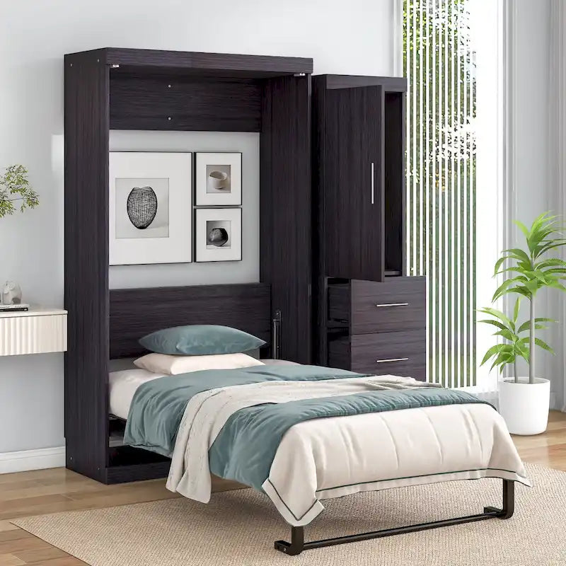 Lit escamotable gris avec armoire et 3 tiroirs, grand lit/lit simple, 1 personne