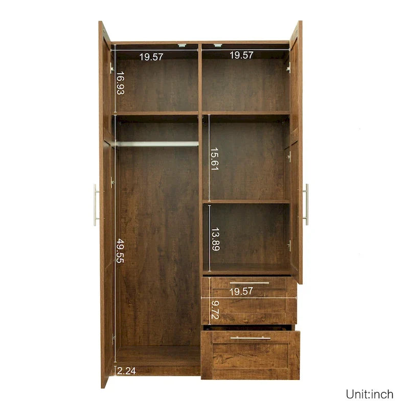 Armoire de rangement en bois blanc avec portes, tiroirs et tringle à vêtements