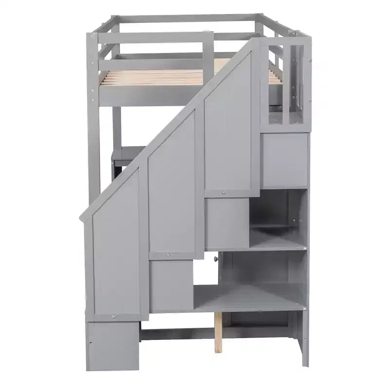 Lit mezzanine une place avec bureau en L, 3 tiroirs, placard, rangements intégrés dans l'escalier, en pin massif/MDF