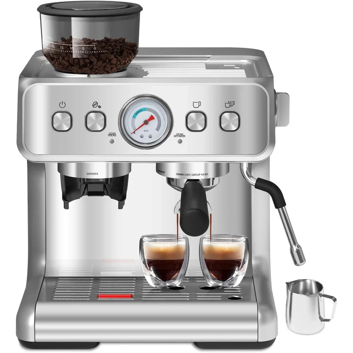 Machine à café semi-automatique avec contrôle intelligent de la température et fonction eau chaude, 30 réglages de mouture