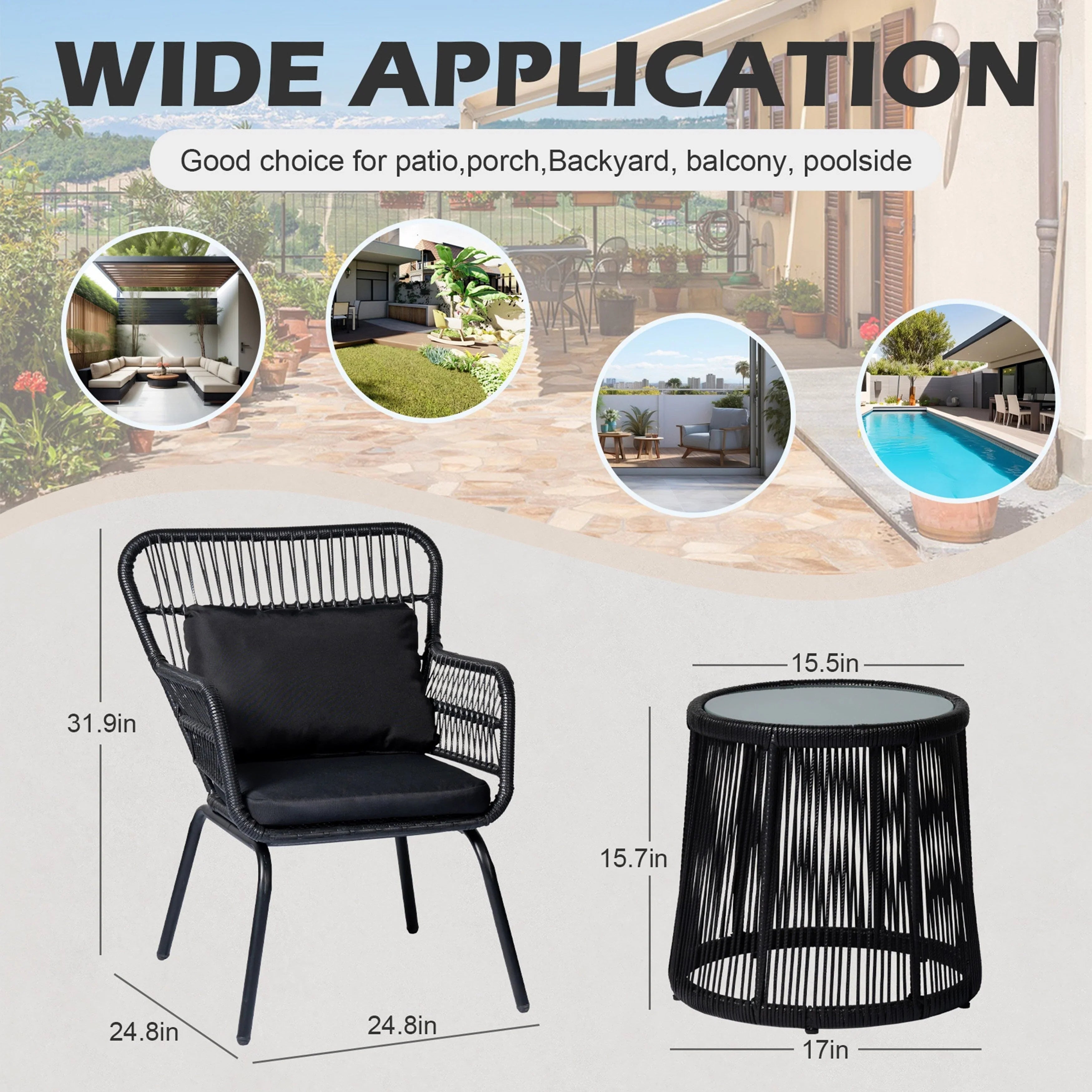 Ensemble bistrot 3 pièces en osier pour conversation, salon de jardin en rotin résistant aux intempéries avec coussins