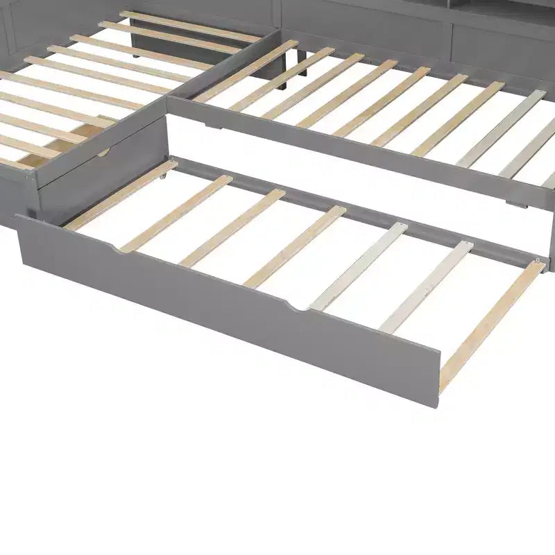 Lit plateforme en L de taille double avec lit gigogne et station de recharge, cadre de lit en bois avec étagère