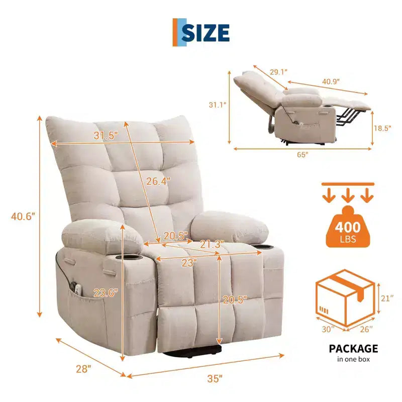 Fauteuil inclinable releveur électrique pour personnes âgées avec fonctions massage et chauffage, inclinable surdimensionné avec fonctions massage et chauffage, revêtement doux et rembourré, poche latérale et porte-gobelets