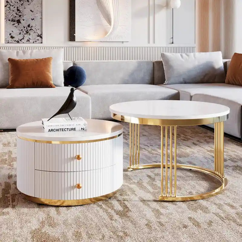 2 tables basses gigognes rondes blanches avec tiroirs