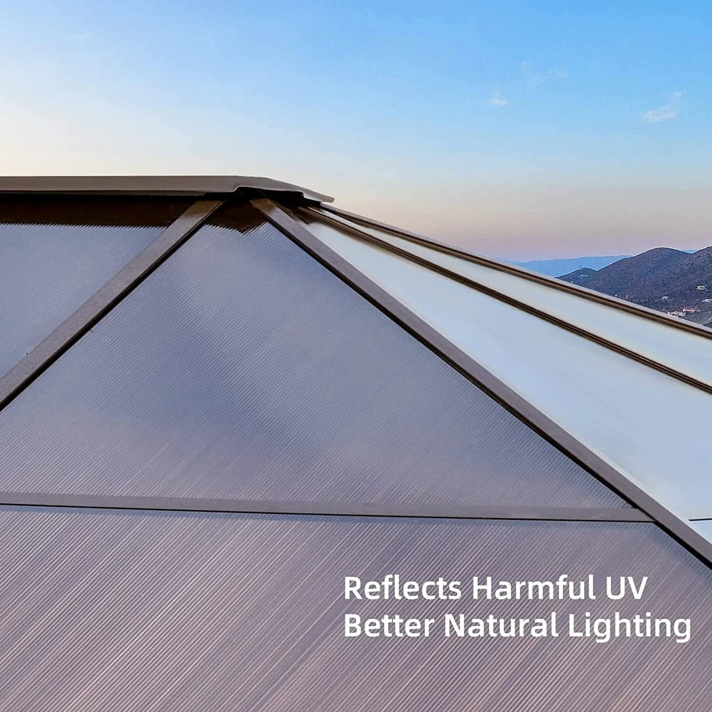 Tonnelle EROMMY à toit rigide, pergola extérieure avec double toit, moustiquaire et rideaux, auvent robuste pour patio, jardin, fête au bord de la piscine