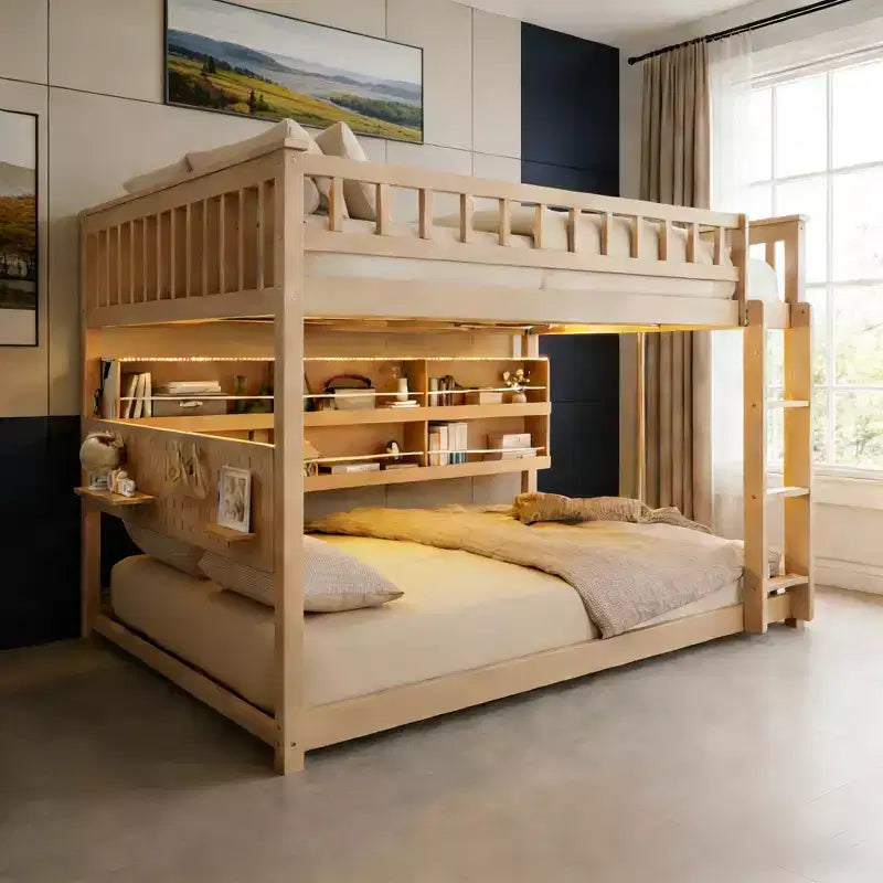Lit superposé moderne bas Luxystar double sur double avec rangement, étagères éclairées et panneau perforé