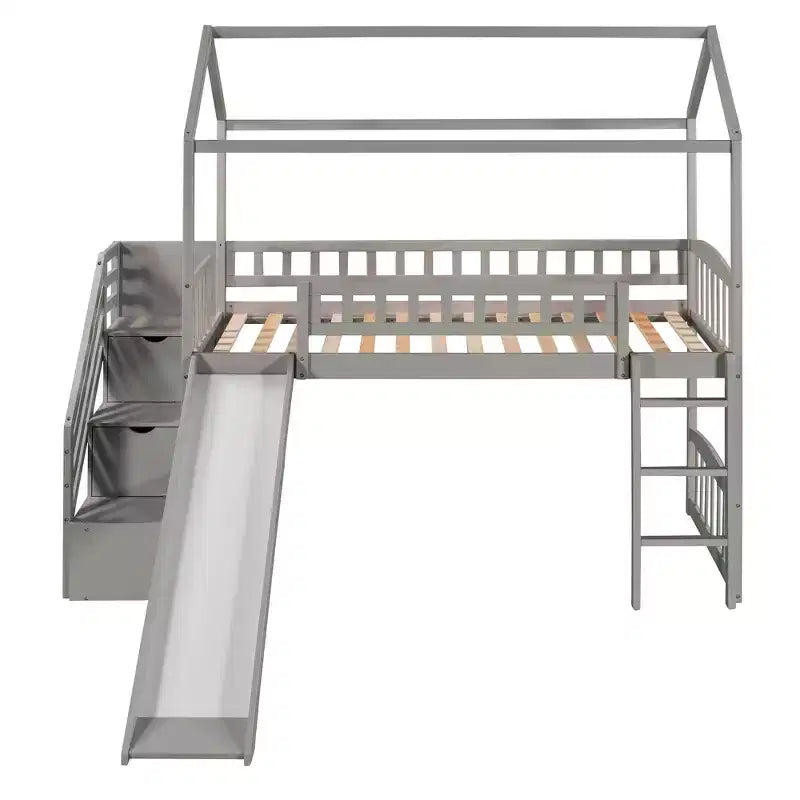 Lit mezzanine jumeau avec toboggan et escalier, lit mezzanine avec tiroirs de rangement, lit mezzanine cabane en bois pour enfants et tout-petits