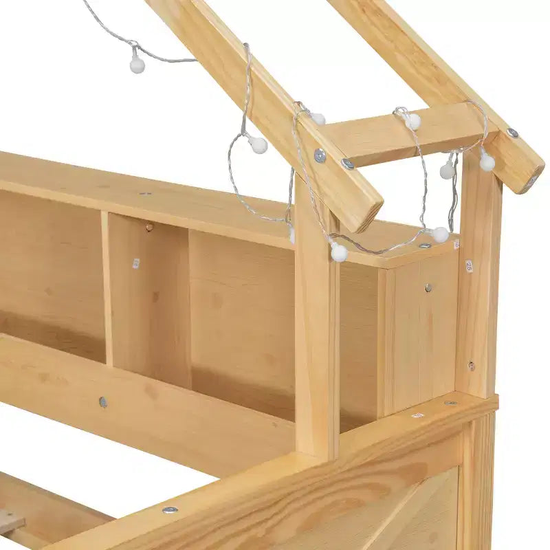 Cadre de lit maison pleine grandeur avec tiroirs, lit plate-forme maison avec lumières LED, étagères de rangement et tiroirs, lit de repos en bois avec toit et garde-corps