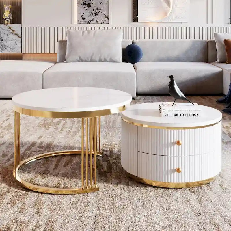 2 tables basses gigognes rondes blanches avec tiroirs