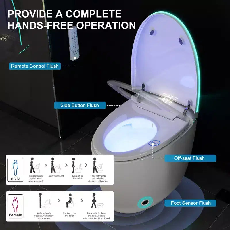 Toilette Bidet Intelligente avec Abattant et Siège à Ouverture/Fermeture Automatique, Chasse d'Eau à Capteur au Pied, Design Monobloc Allongé Sans Réservoir, Siège Chauffant