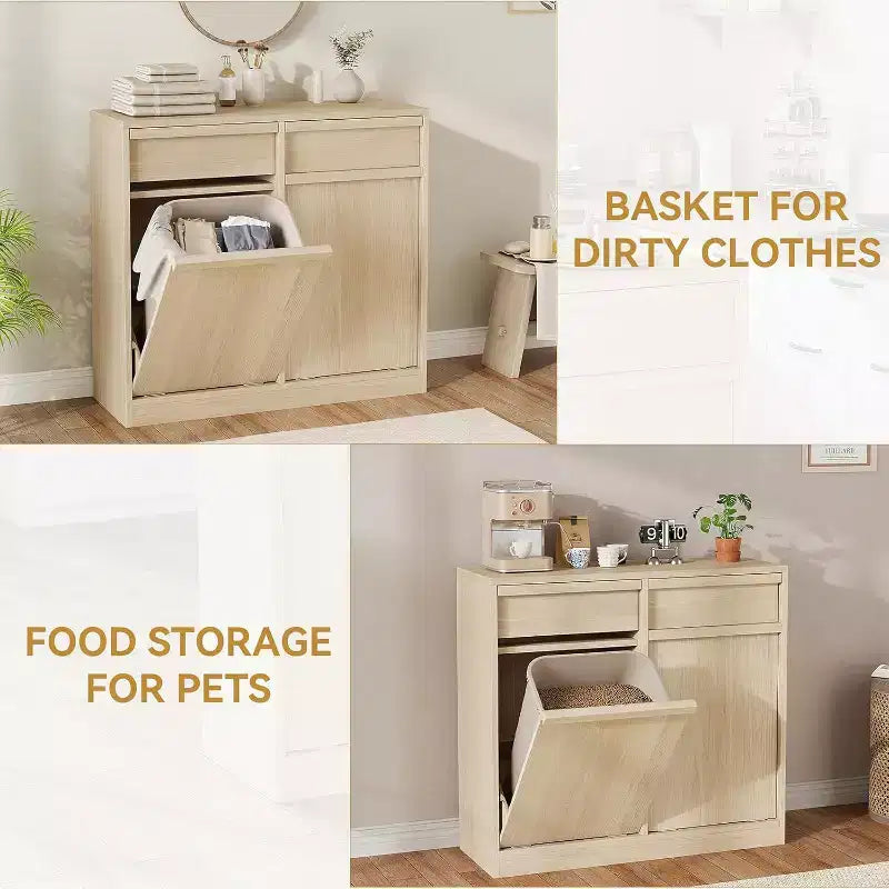 Poubelle inclinable, chêne naturel, poubelle avec rangement et tiroir, meuble poubelle caché, panier à linge pour cuisine, salle à manger, salon