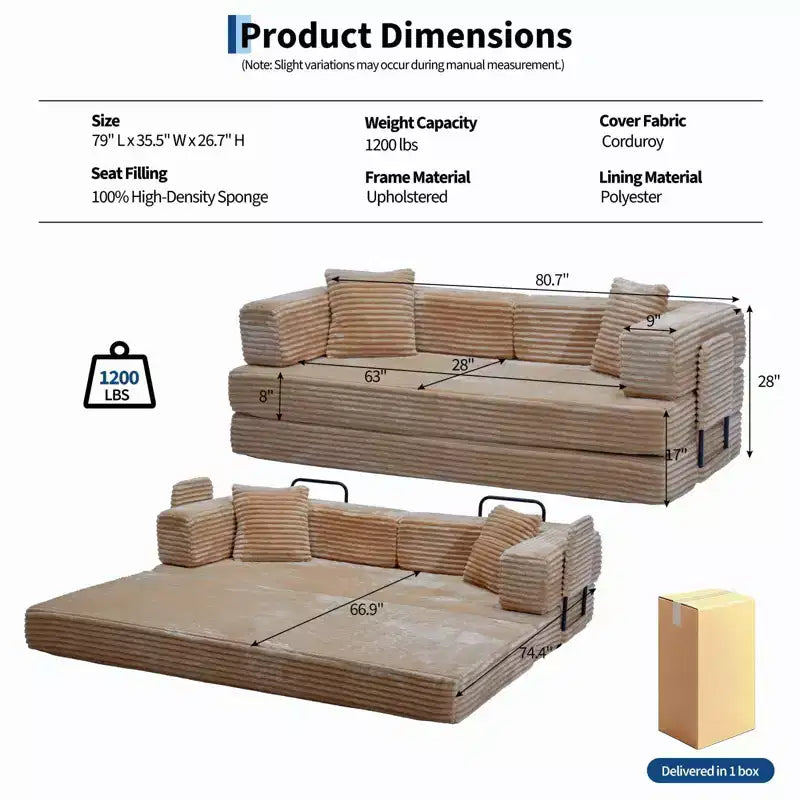 80,7 Canapé-lit convertible 5-en-1 – Corduroy, 1200 lbs, Aucun assemblage requis