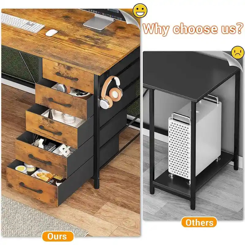 Bureau Gamer en L, Bureau d'Ordinateur avec Panneau Perforé, 5 Tiroirs et Étagère de Rangement