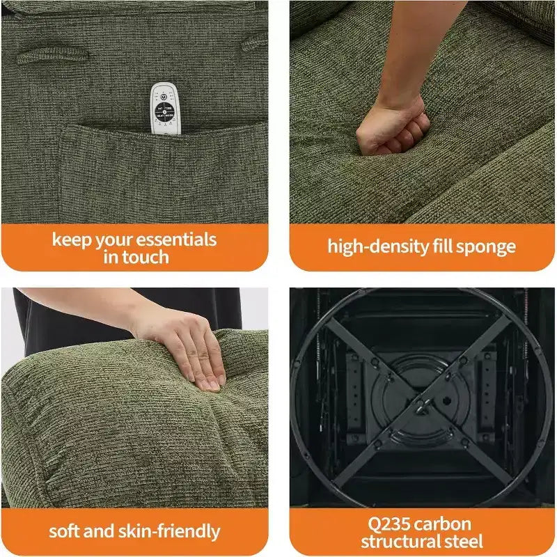 Fauteuil inclinable massant avec fonction de chauffage, fauteuil inclinable et pivotant à 360° pour adultes, fauteuil de nurserie en lin avec poche latérale, deux porte-gobelets