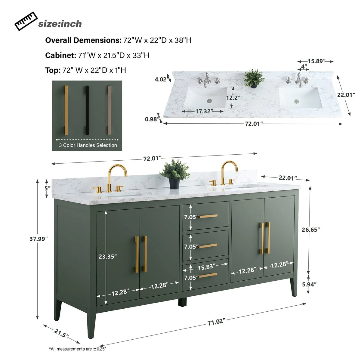 Meuble-lavabo de salle de bain Vanity Art 72 po à double vasque avec dessus en marbre reconstitué