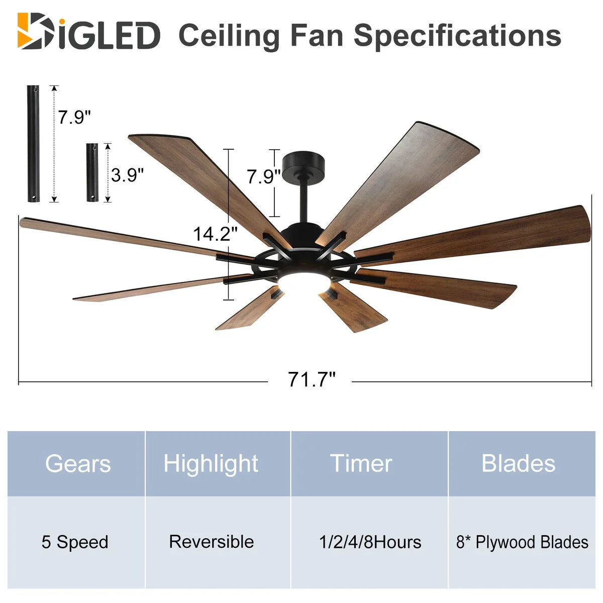 Ventilateur de plafond télécommandé avec lumières, grandes 8 pales en bois