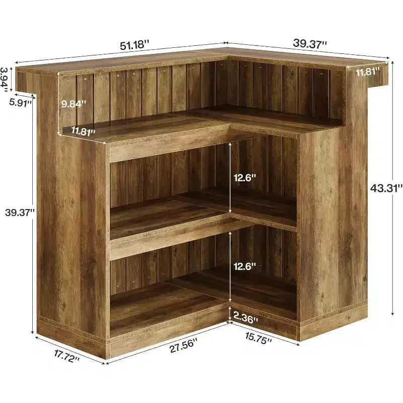 Bar de salon en L Lantine, bar à liqueurs d'angle à 4 niveaux avec étagères de rangement et porte-verres à vin pour pub à domicile