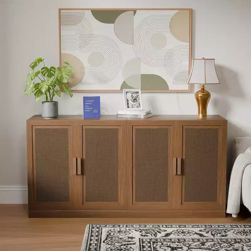 Buffet de rangement à portes en rotin 3 ensembles avec étagères réglables - 93L x 31H