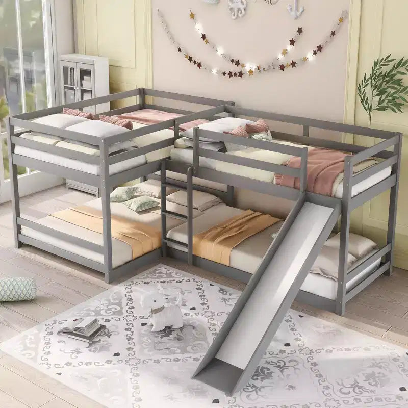 Lits superposés en L pour 4 enfants, lits superposés quadruples avec toboggan, lits superposés en bois doubles et jumeaux pour chambre à coucher ou dortoir