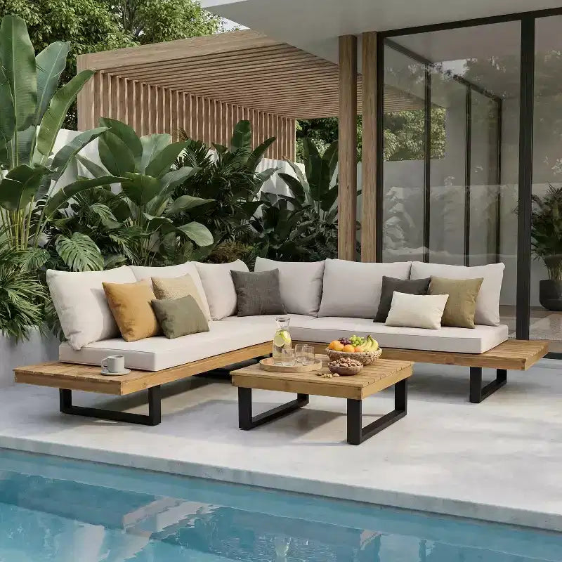 Canapé d'angle d'extérieur en forme de L, ensemble de loisirs pour patio, ensemble de sièges de conversation de jardin avec table basse et coussins résistants à l'eau - ModernLuxe