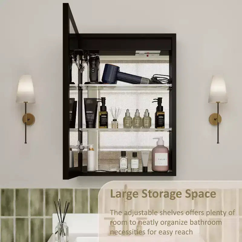 Armoire de toilette avec miroir LED, montage en saillie ou encastré, lumière dimmable, anti-buée, étagères réglables