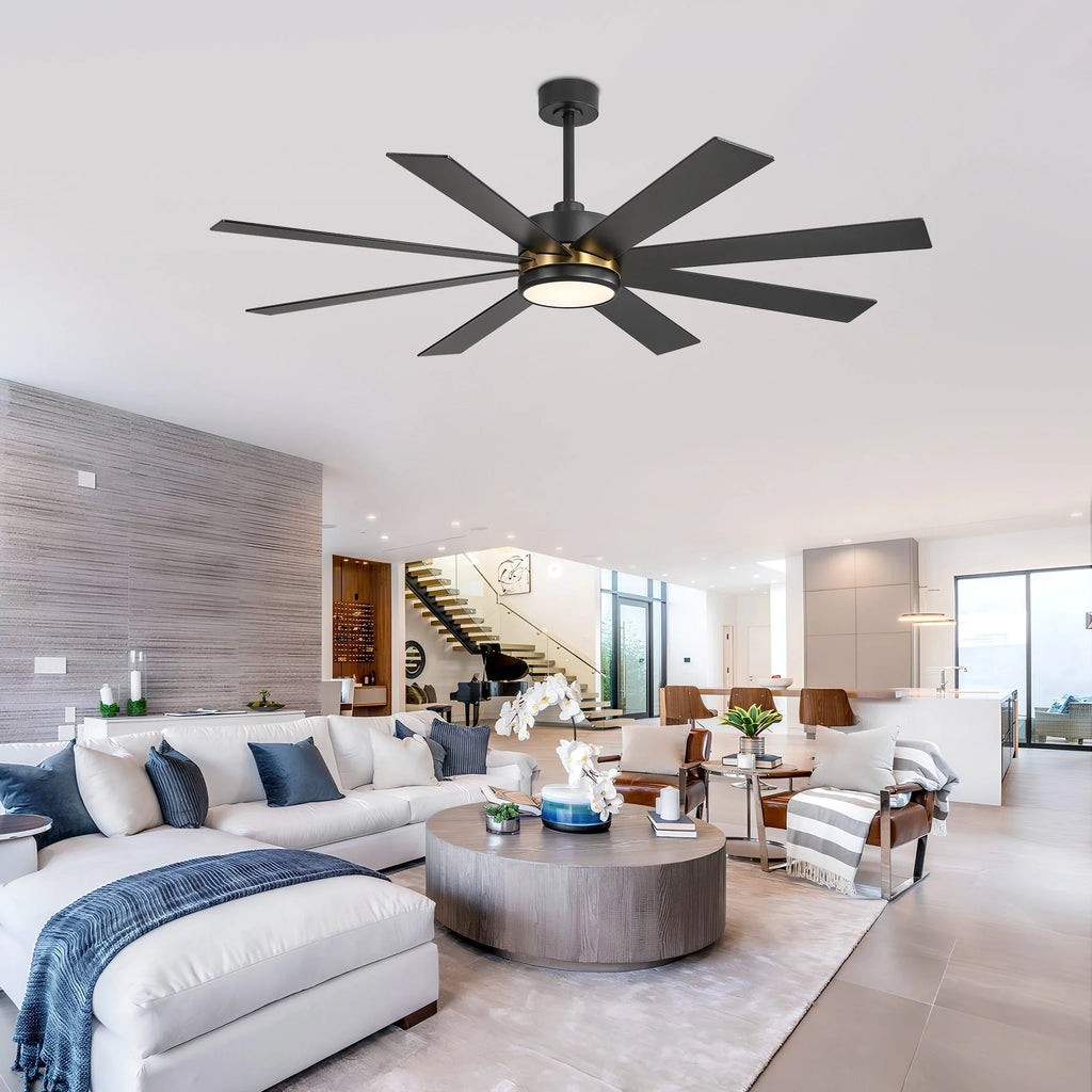 Ventilateur de plafond de 65 pouces à 8 pales noires avec lumière LED et télécommande