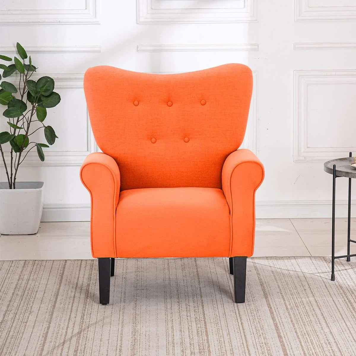 Fauteuil d'appoint moderne Erommy, fauteuil à dossier haut, canapé simple en tissu rembourré avec boutons et pieds en bois pour salon